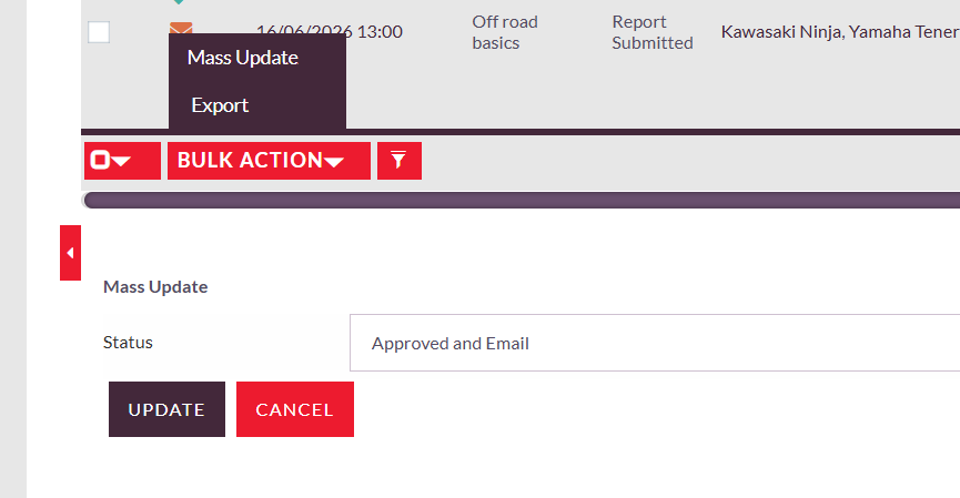 Bulk Action Mass Update screen showing status Approved and Email