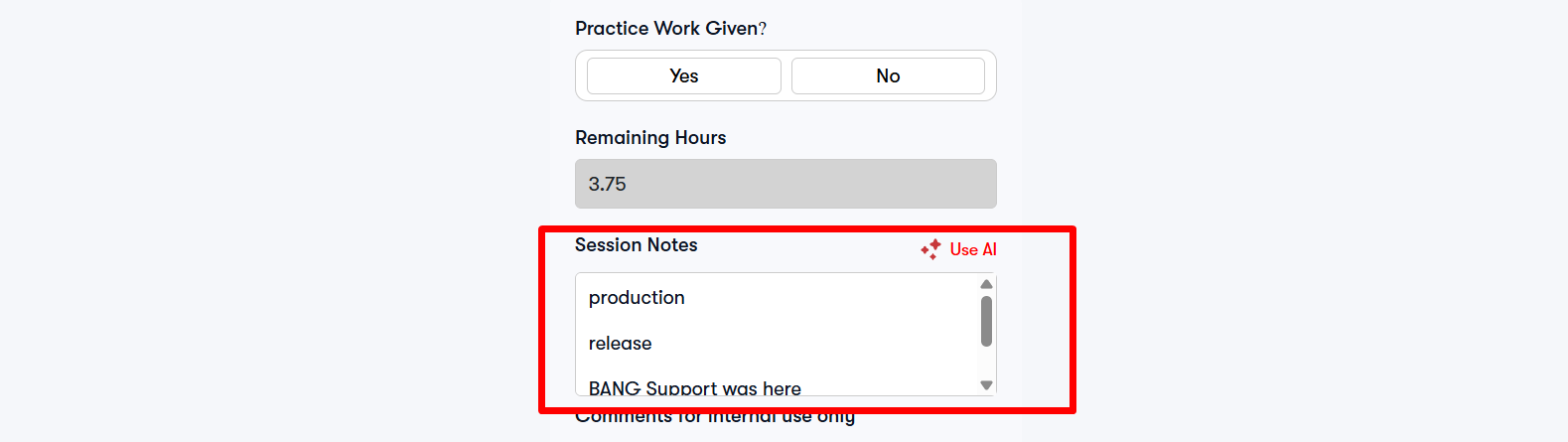 Session Notes field showing line breaks preserved