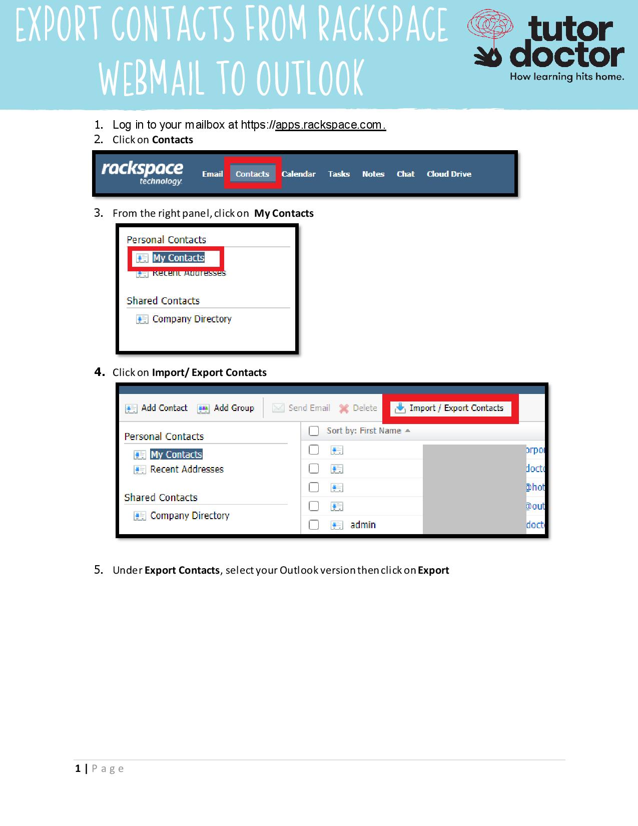 Export contacts from Rackspace to MS Outlook